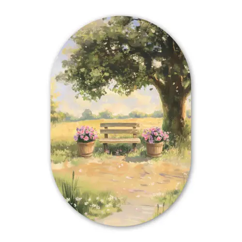 Houten bankje - Bloempotten - Landschap Wandcirkel Ovaal Forex klein -3d