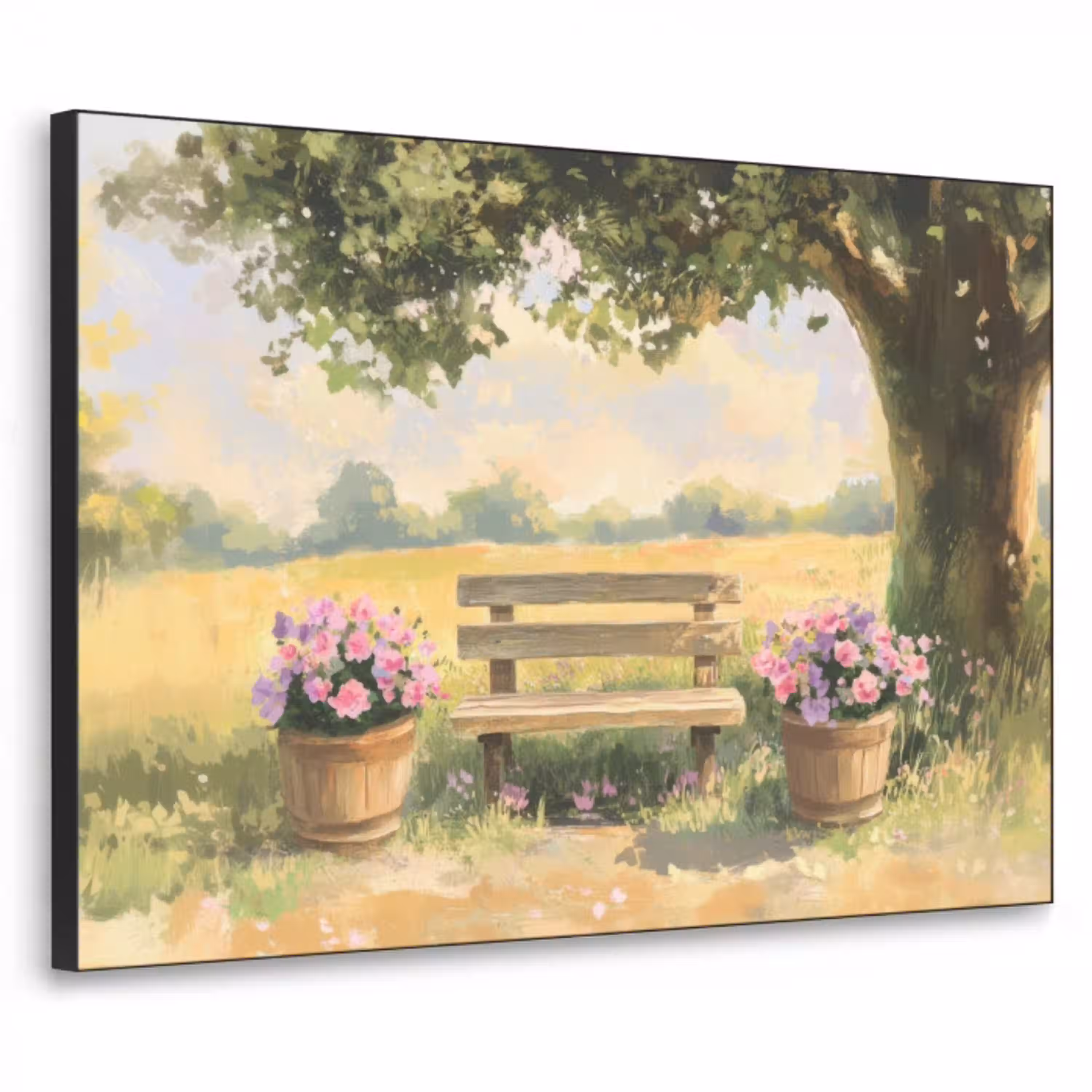 Houten bankje - Bloempotten - Landschap Textielframe - compleet frame klein -3d