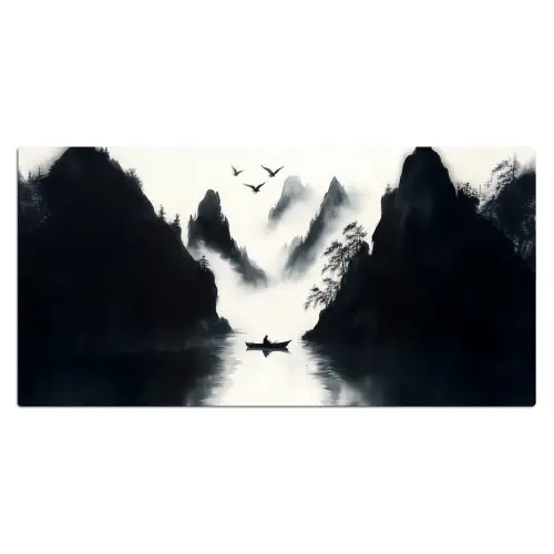Roeiboot - Mistig - Bergen - Vogels Muismat XXL klein -3d_leeg