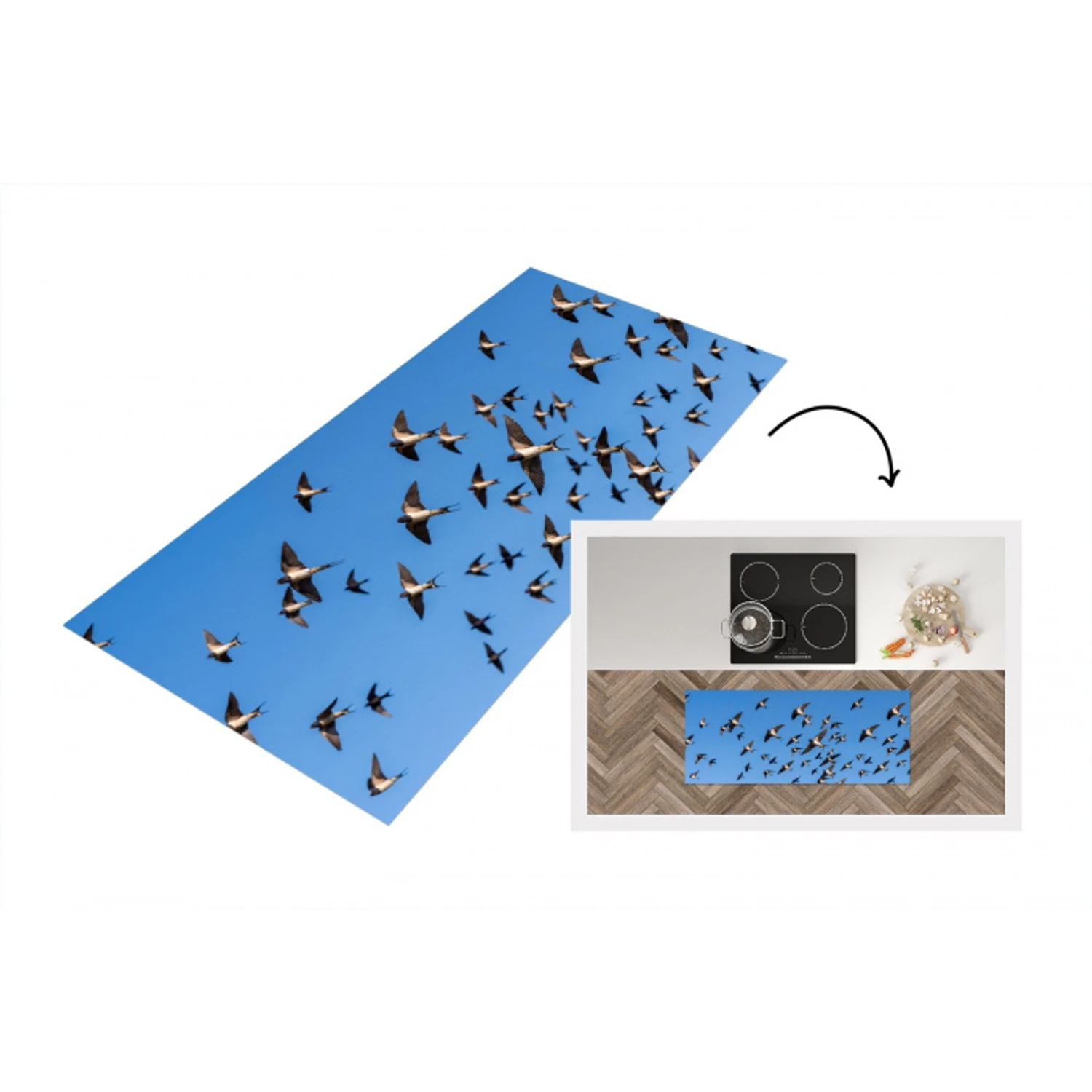 Zwaluwen - Vliegen - Blauw Keukenloper - keukenmat middel -3d