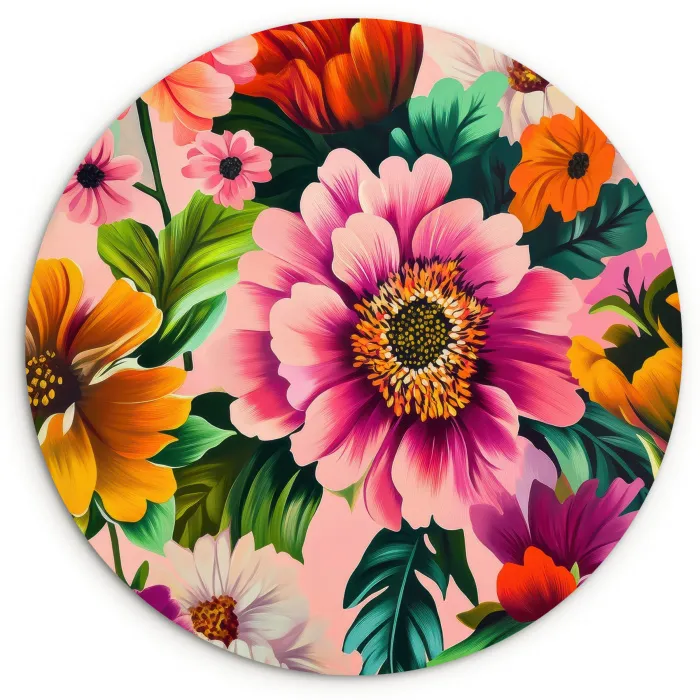 Bloemen - Kleurrijk - Roze Wandcirkel kunststof plaat 5mm dik klein -3d