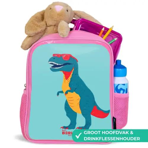 Coole T. rex met zonnebril Kinderrugzak - Roze middel -inhoud_NL