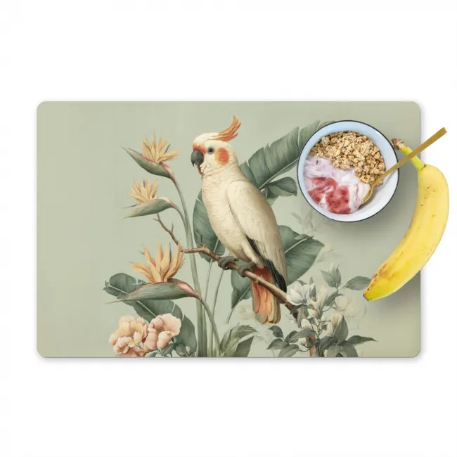 Gele kuifkaketoe - paradijsvogelbloemen - Groen Placemat vinyl groot -zzzproduct_Kitchenyeah-website