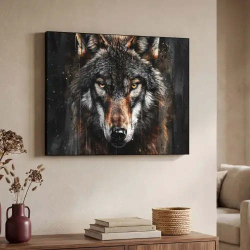 Dieren - Wolf - Portret - Zwart - Bruin Textielframe zwart klein -sfeer3