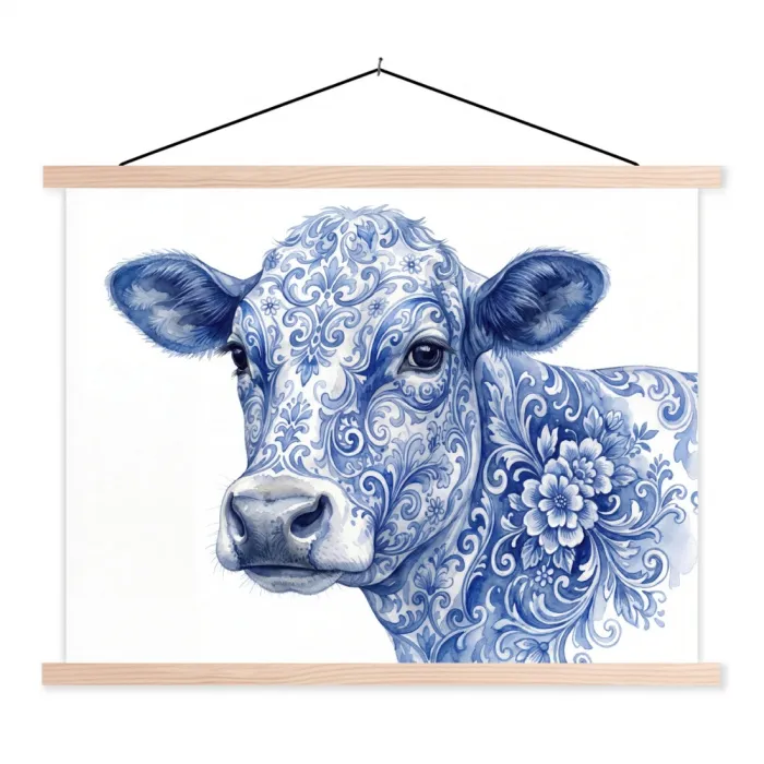 Illustratie - Koe - Blauw textielposter latten blank klein -3d