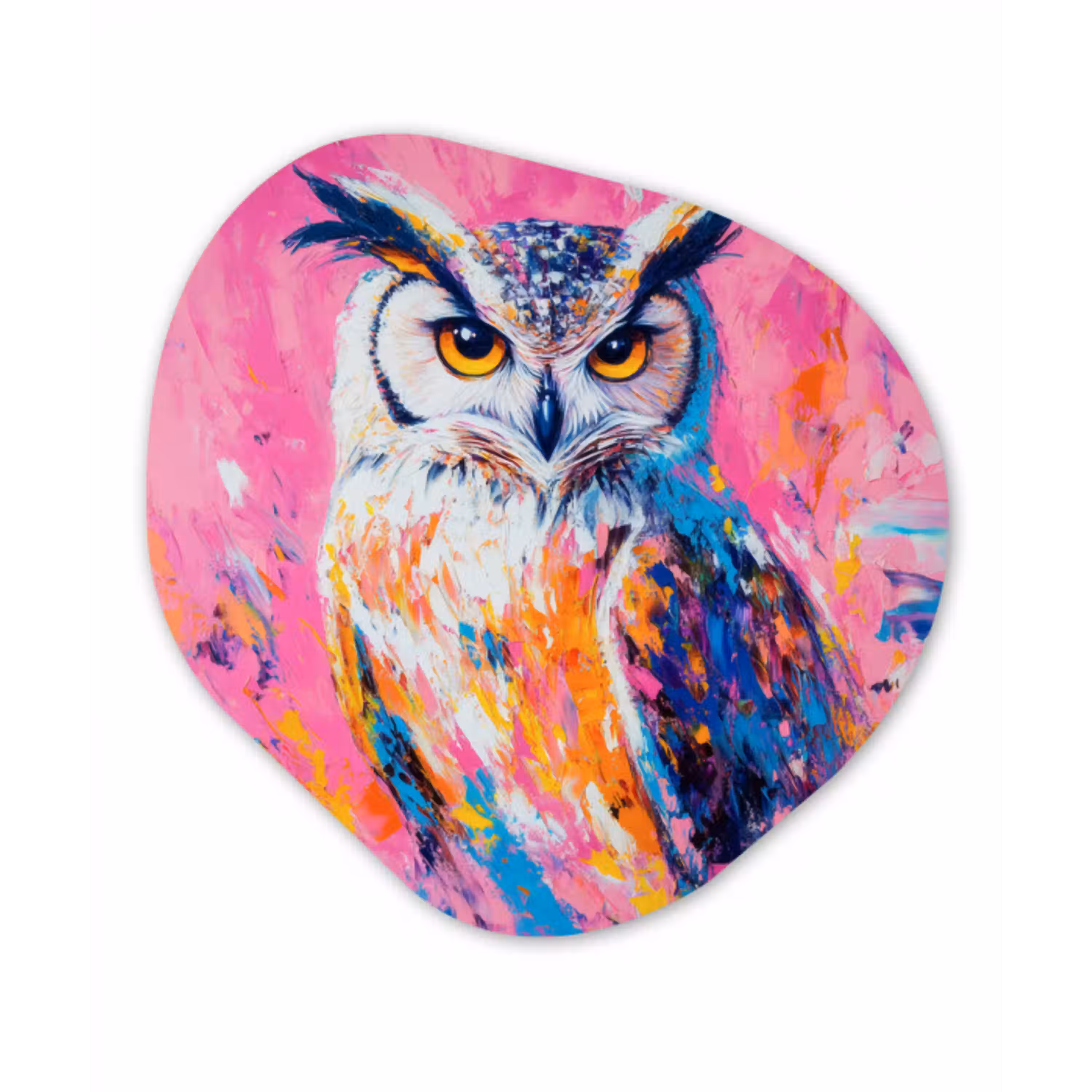 Uil - Roze - Blauw - Verf - Abstract Wandcirkel Organisch Aluminium middel -3d