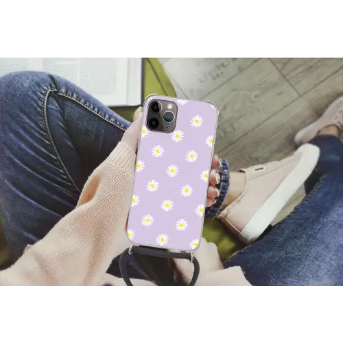 Madeliefjes - Pastel - Wit - Paars - Bloemen Hoesje iPhone 12 Pro met koord klein -hand
