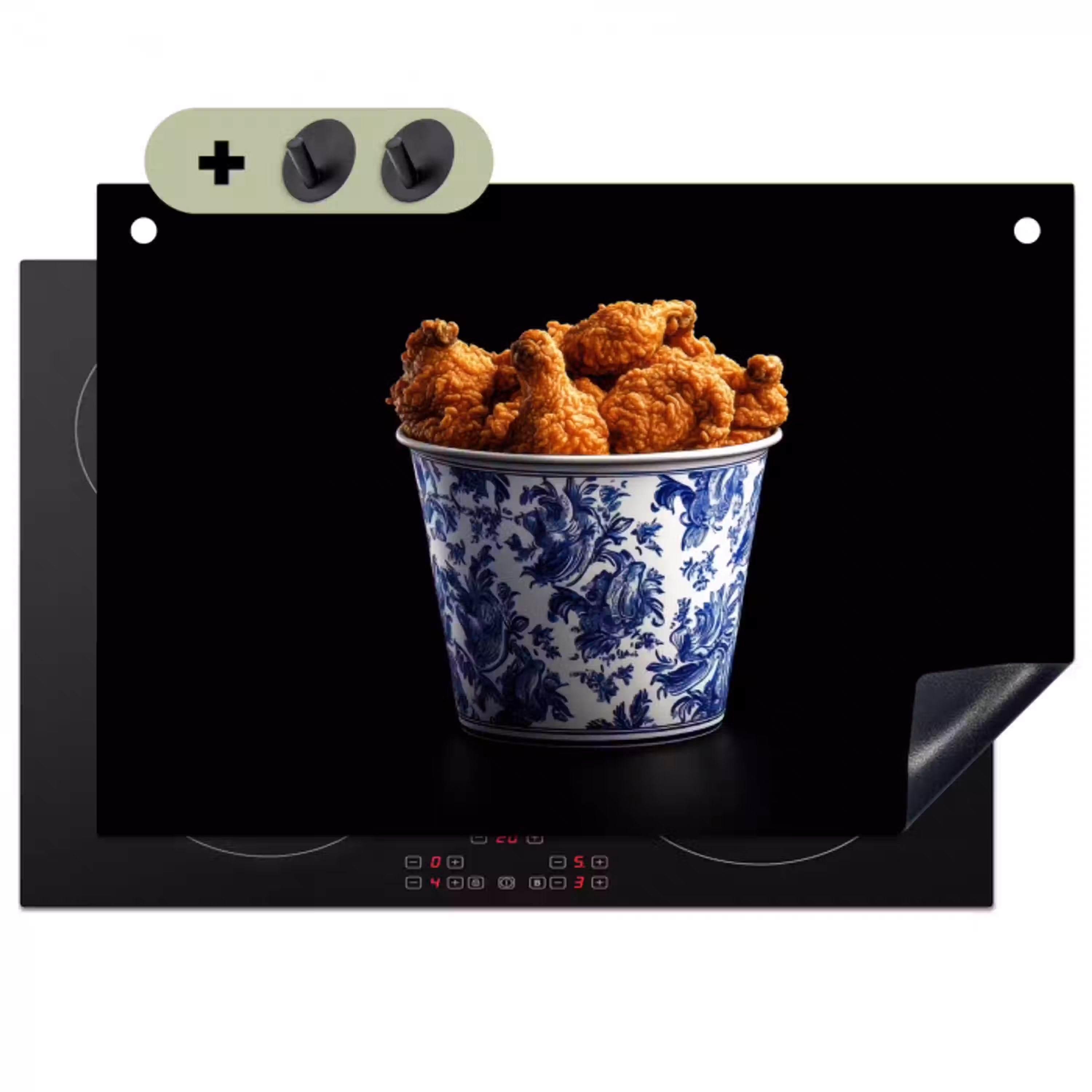Kip - Bucket - Delfts blauw - Lekker Inductie beschemer met haakjes klein -3d