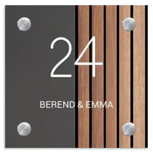 Hout en antraciet - Klassiek Naambord Vierkant klein -3d