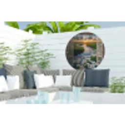 Doorkijk - Landschap - Raam - Water - Zonsondergang Wandcirkel tuinposter met ringen klein -buiten2
