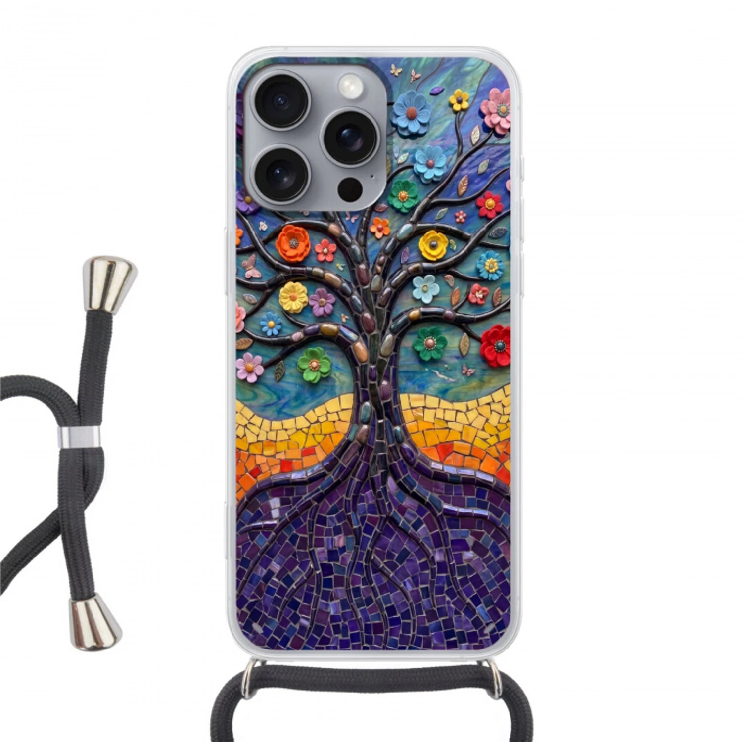 Levensboom - Mozaïek - Bloemen - Kleurrijk - Vrolijk Hoesje iPhone 16 Pro Max met koord klein -3d