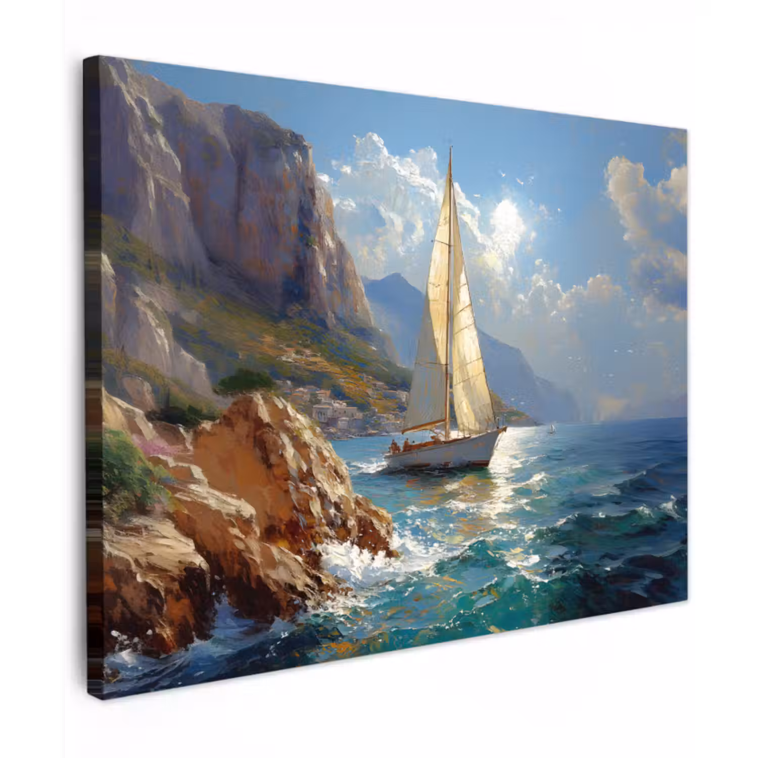 Canvas schilderij - Zeilschip - Zee - Rotsen - Wolken