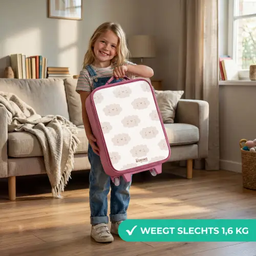 Vrolijke wolkjes met gezichtjes op crèmekleurige achtergrond Kinderkoffer - Roze klein -sfeer2_NL
