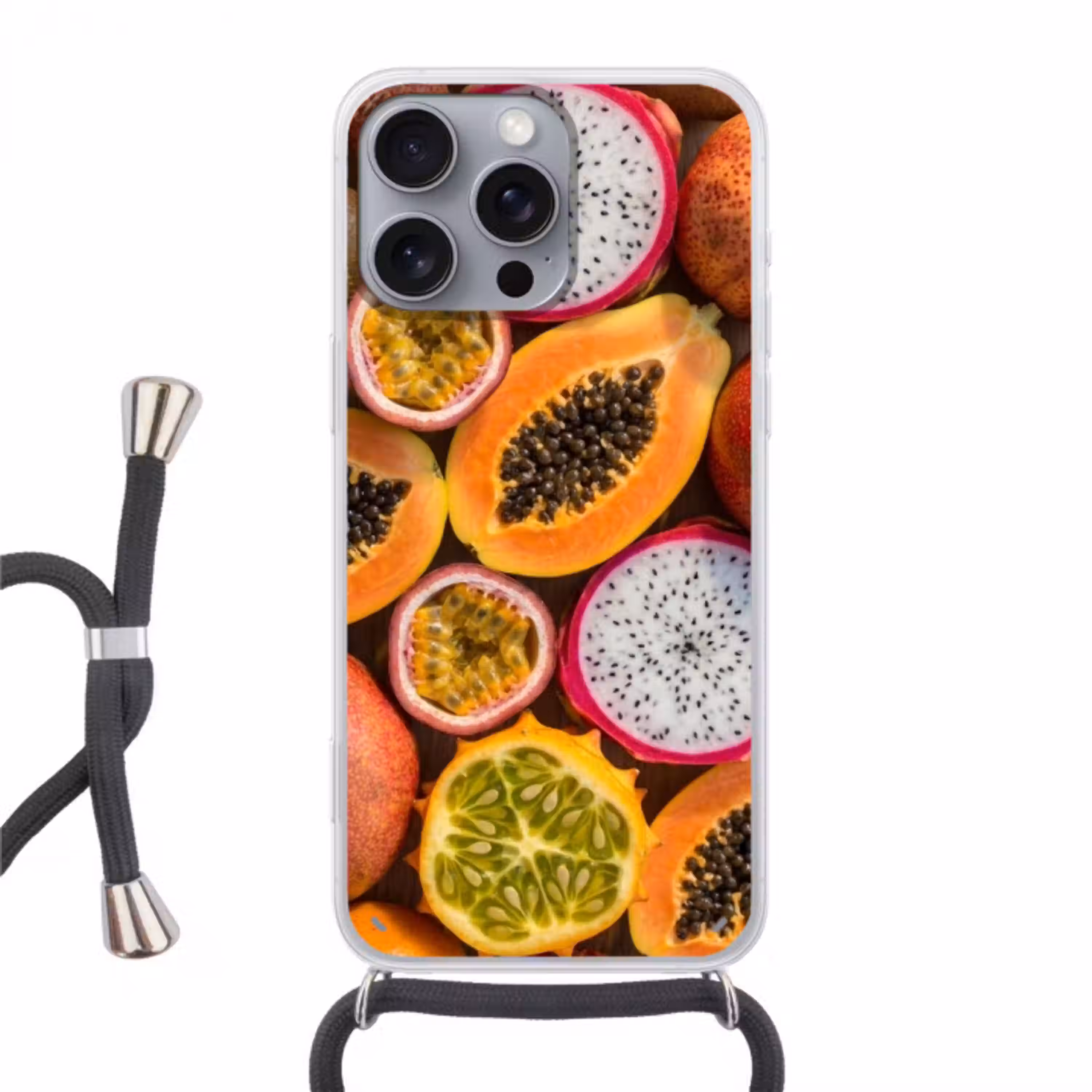 Fruit - Geopend - Tropisch - Eten - Kleurrijk Hoesje iPhone 16 Pro Max met koord klein -3d