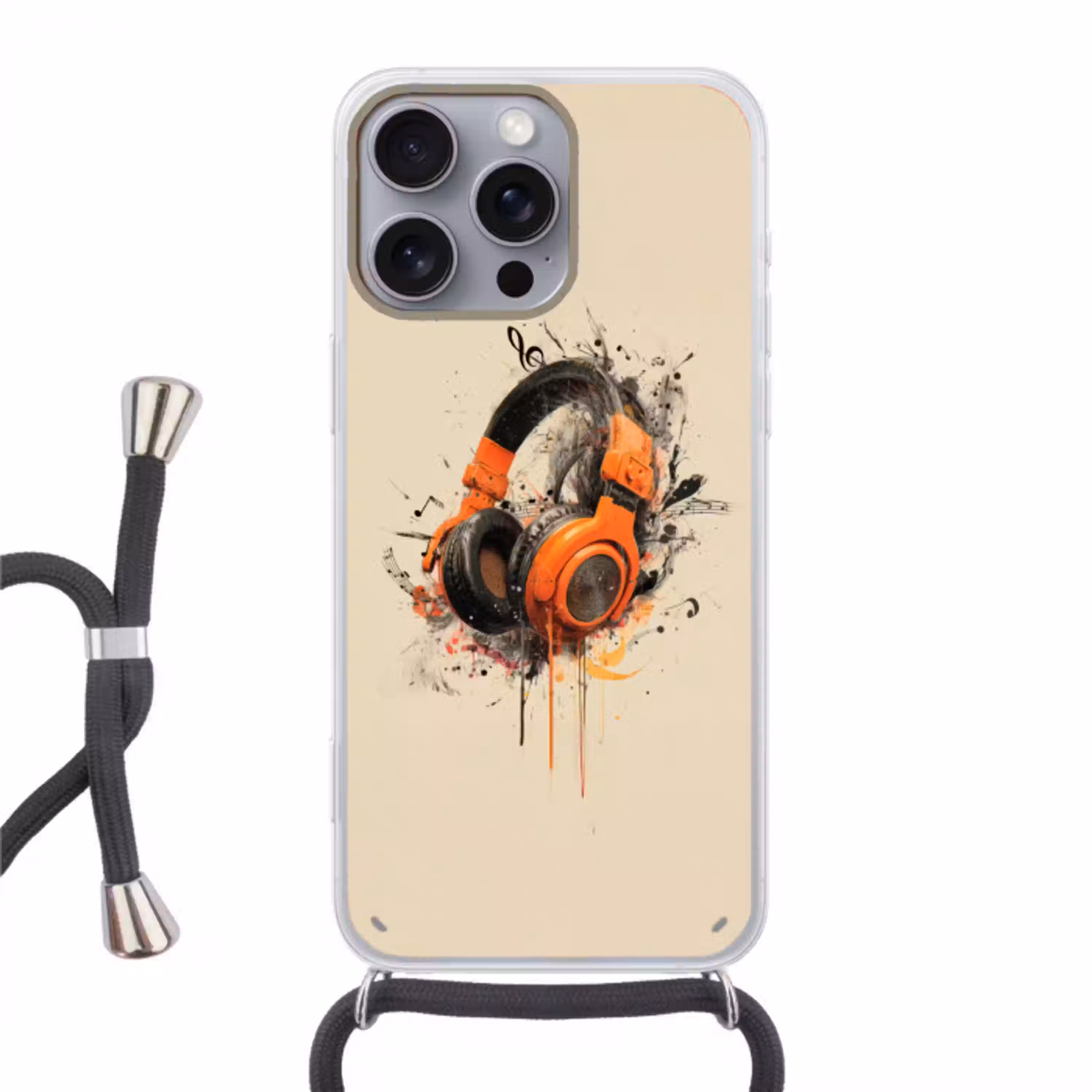 Koptelefoon - Oranje - Explosief Hoesje iPhone 16 Pro Max met koord klein -3d