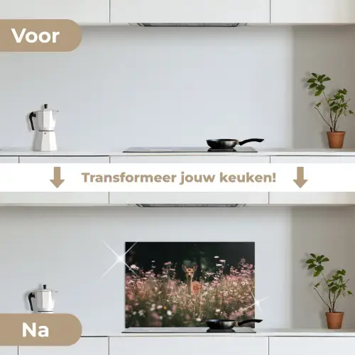 Hert - Wilde bloemen - Bos keuken achterwand spatscherm klein -voor_na_NL