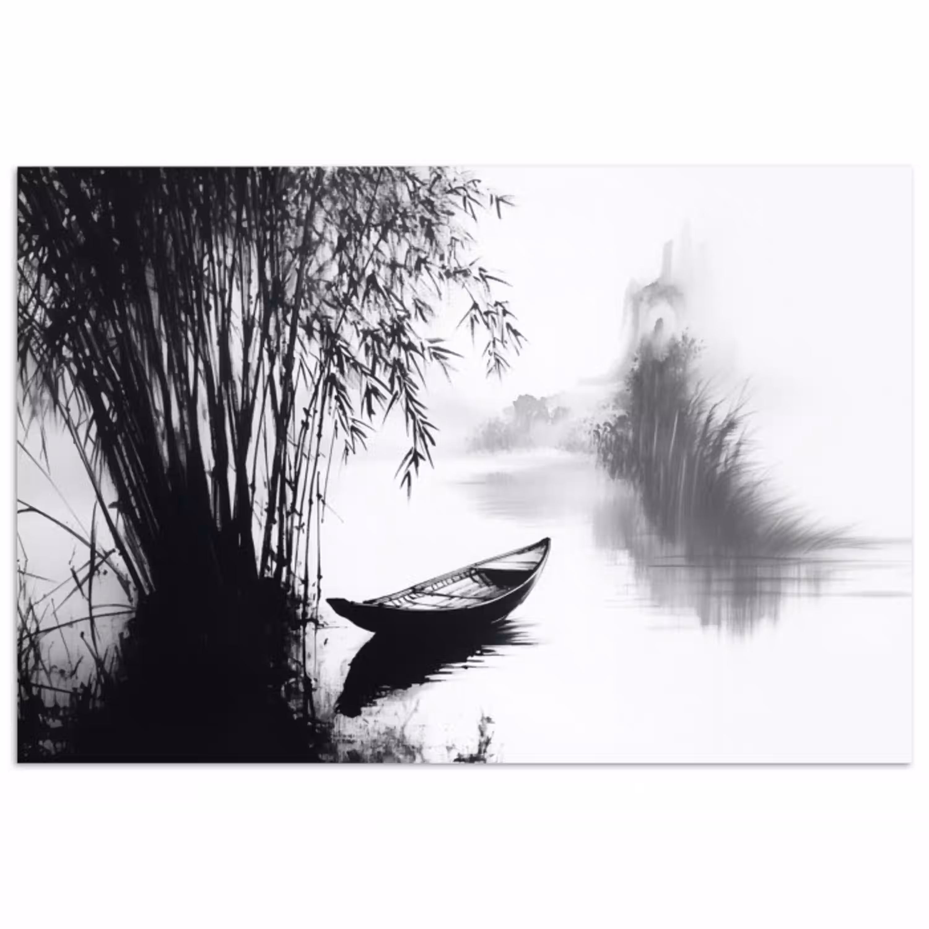 Boot - Rivier - Bamboe - Wit poster papier klein -3d