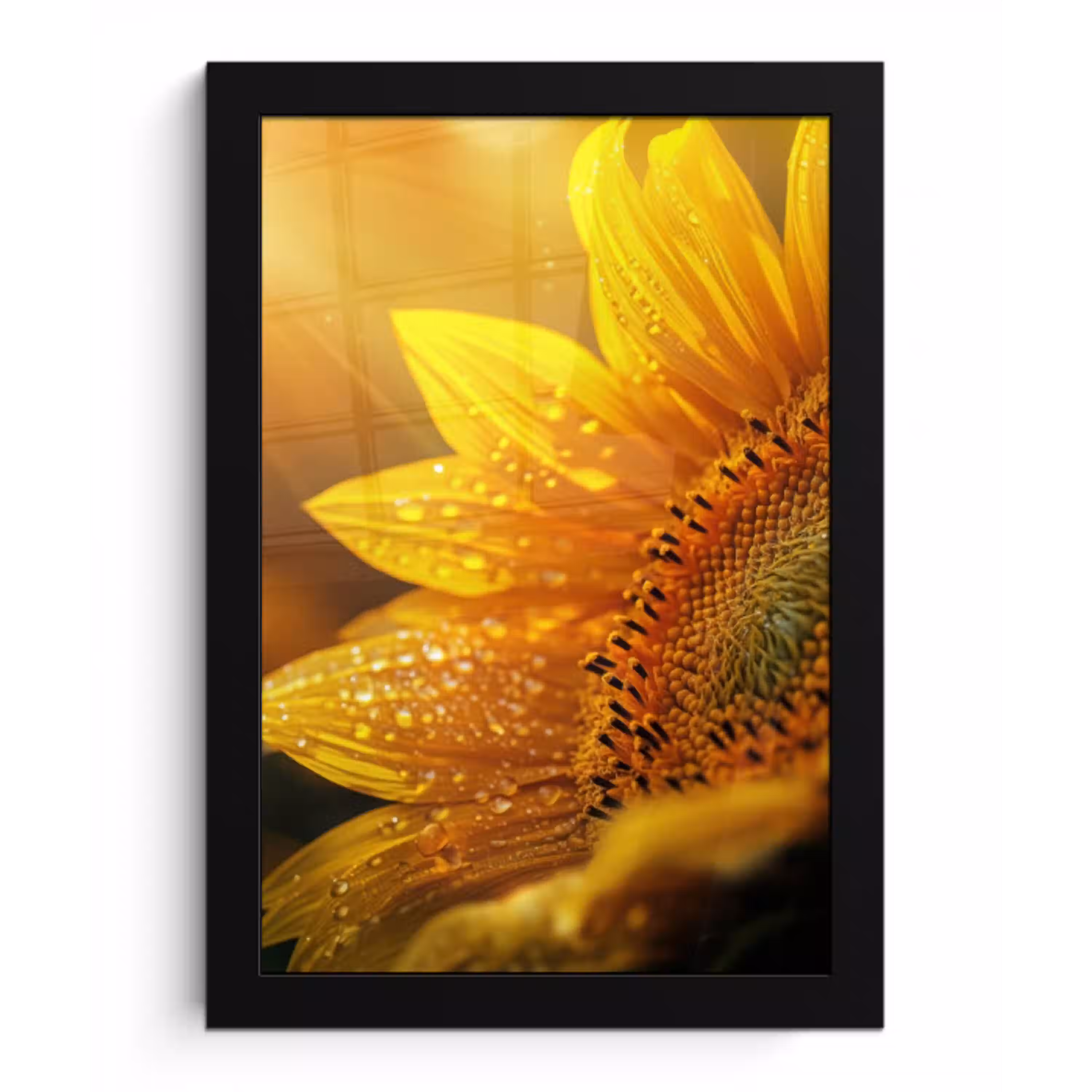 Zonnebloem - Dauwdruppels - Geel - Zonlicht fotolijst zwart zonder passe partout klein -3d