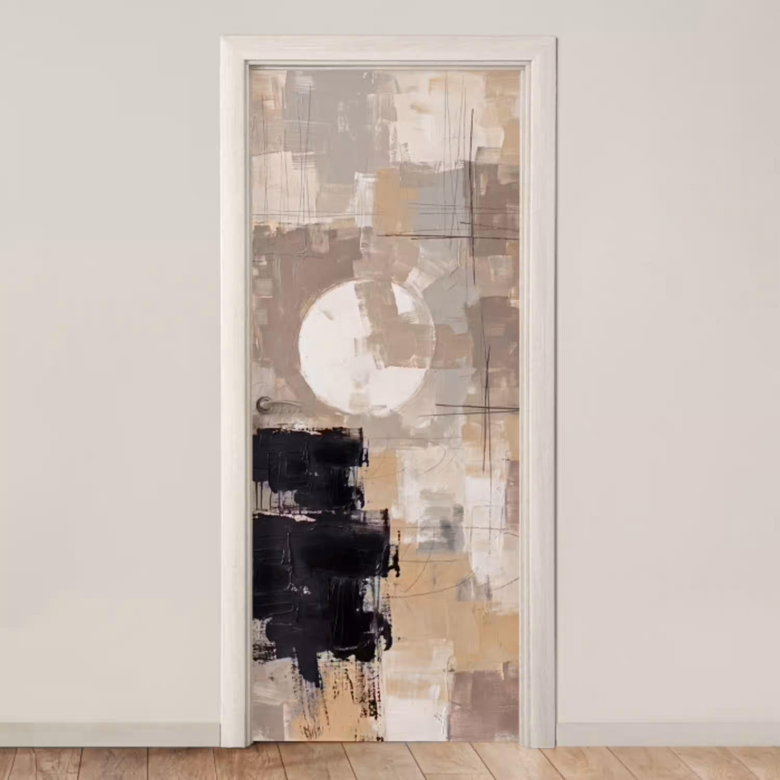 Abstract - Cirkel - Modern - Beige - Zwart - Minimalistisch deurposter klein -3d_beige