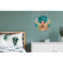 Portret - Vrouw - Schilderij - Blauw - Goud - Expressief Wandcirkel aluminium klein -slaapkamer