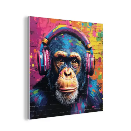 Graffiti - Chimpanzee - Street art - Koptelefoon - Aap aluminium wit klein -3d