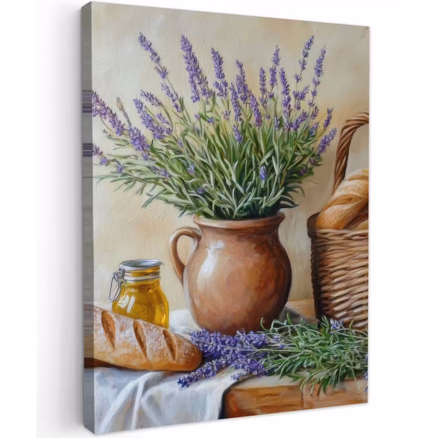 Canvas schilderij - Lavendel - Brood - Stilleven