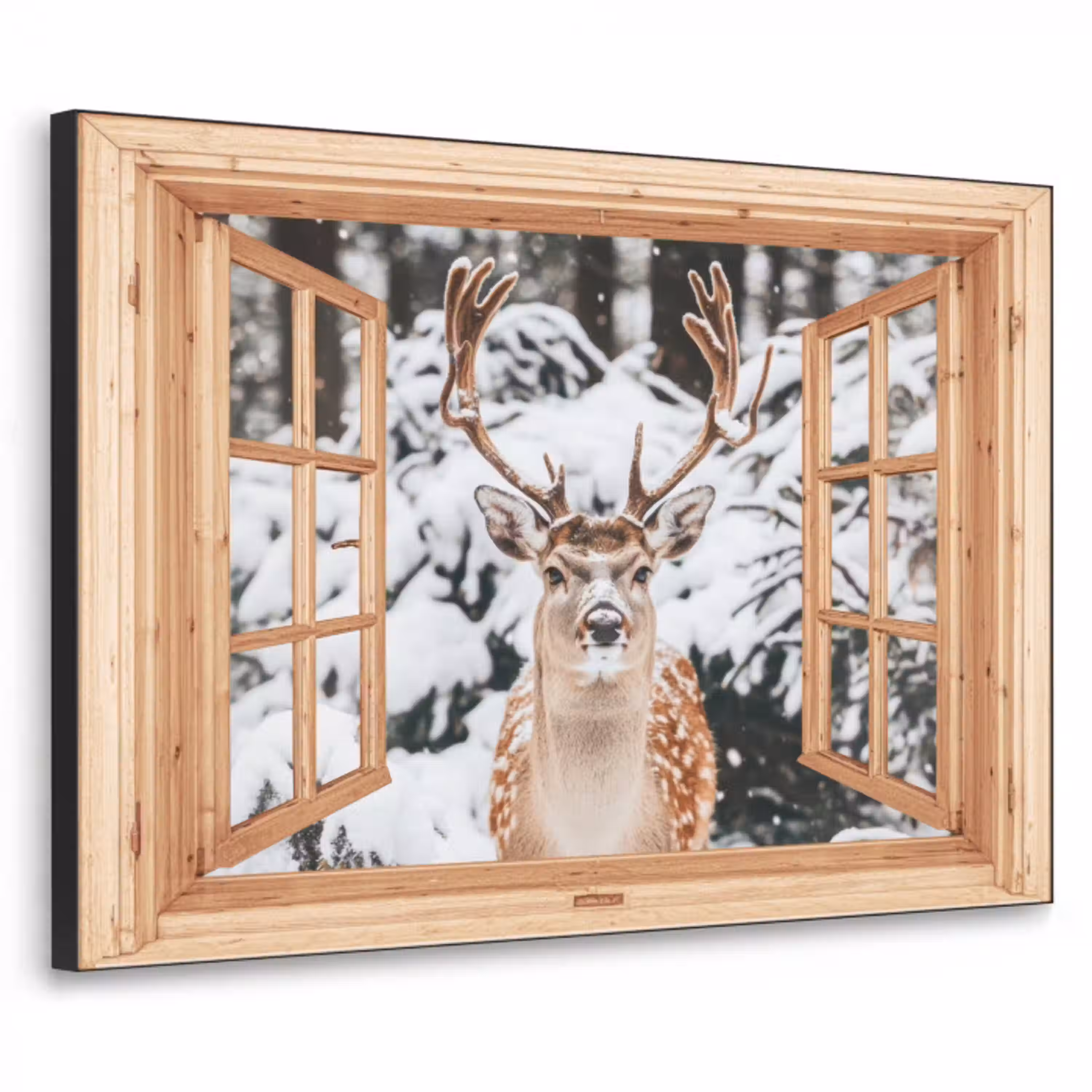 Doorkijk - Hert - Sneeuw - Winter - Bos - Dieren Textielframe zwart klein -3d