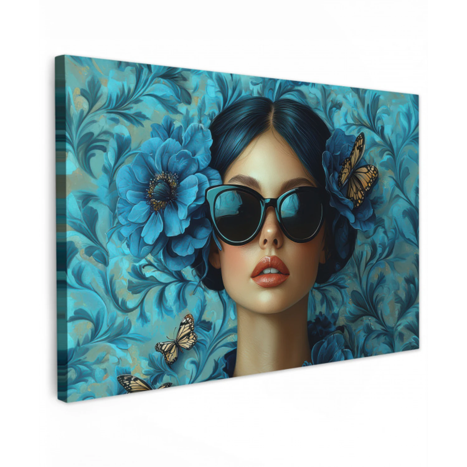 Vrouw - Bloemen - Vlinders - Blauw - Abstract Tuinposter op houten frame 2 cm dik klein -3d