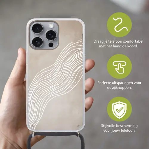 Golvende lijnen - Vloeiend - Zandkleurig Hoesje iPhone 16 Pro Max met koord klein -sfeer2_NL