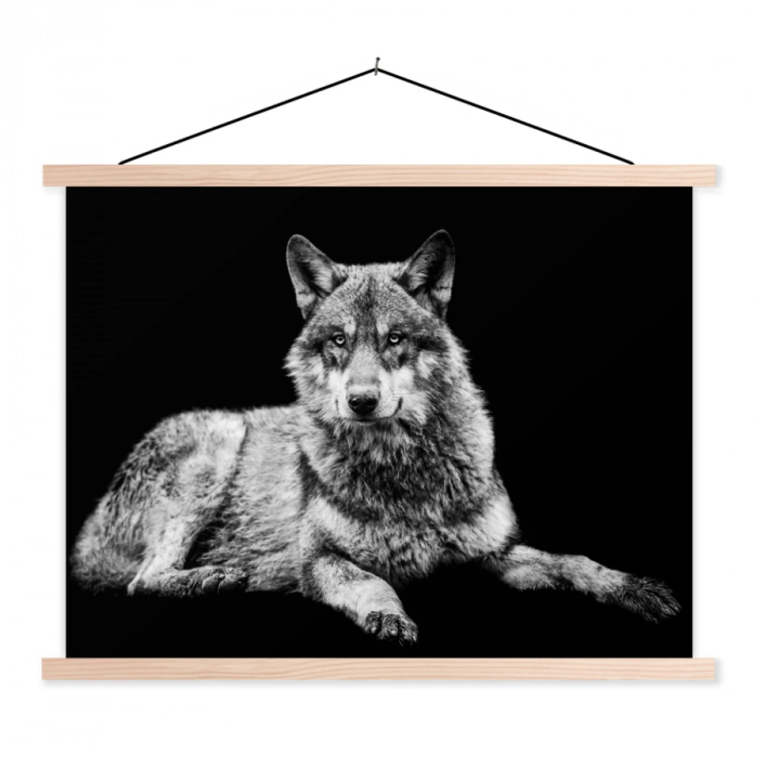 Wilde dieren - Wolf - Zwart - Wit textielposter latten blank klein -3d