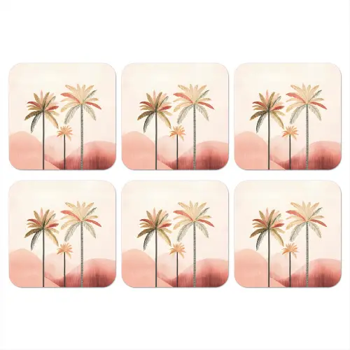 Palmbomen - Heuvels - Minimalistisch - Zachtroze onderzetter kurk middel -3d