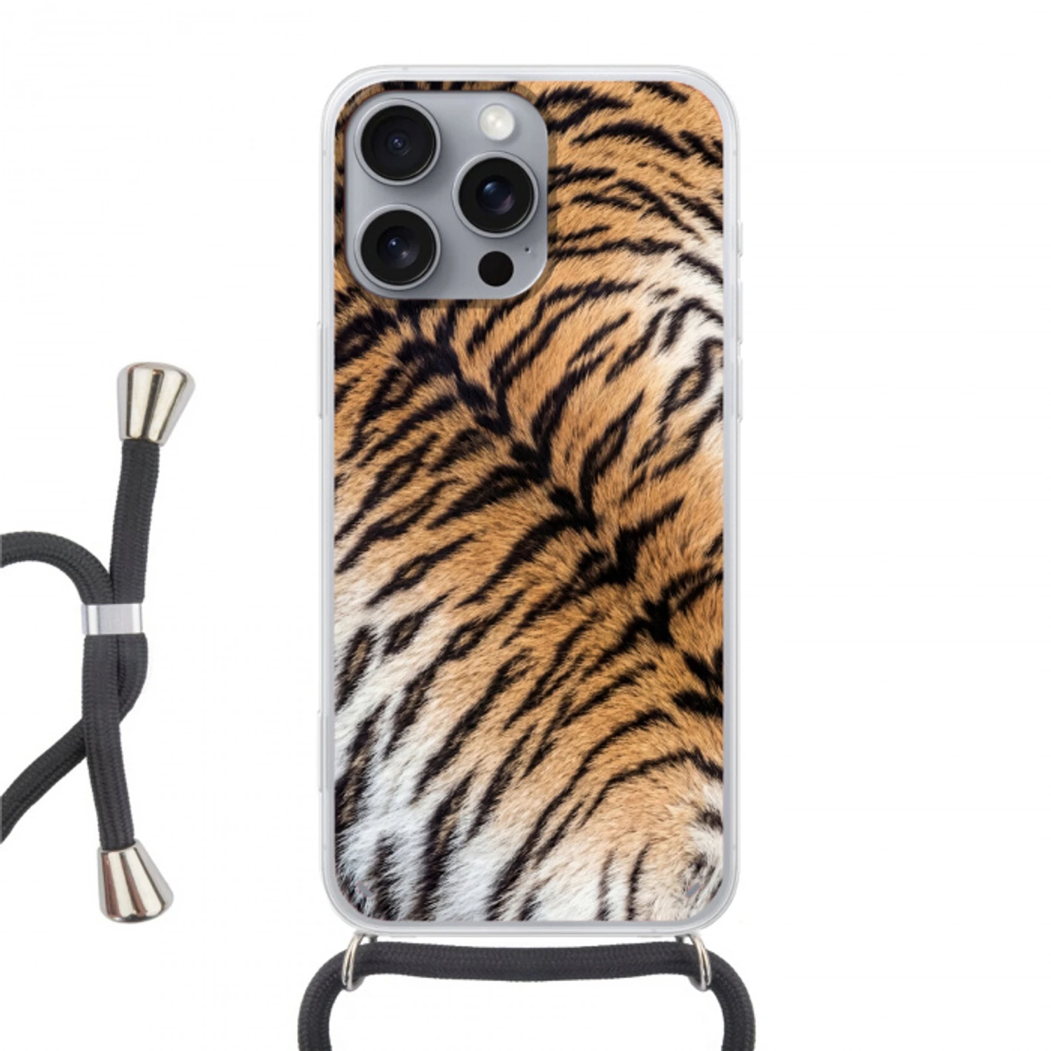 Realistisch - Tijgervacht - Zwart Hoesje iPhone 16 Pro Max met koord klein -3d