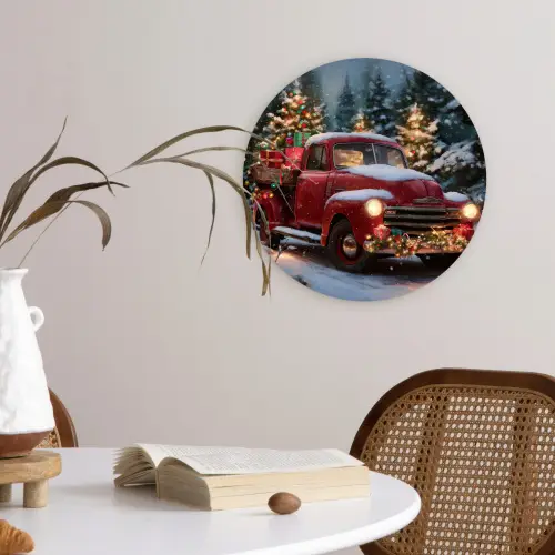Kersttruck - Sneeuwbos - Rood Wandcirkel kunststof plaat 5mm dik klein -sfeer4