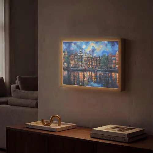 Grachten Amsterdam - Huizen - Stad - Kleurrijk Light Box met batterij (Wandlamp) middel -sfeer1