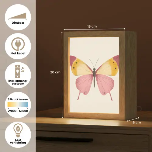 Vlinder - Illustratie - Roze Light Box met kabel (Tafellamp) klein -USP_NL