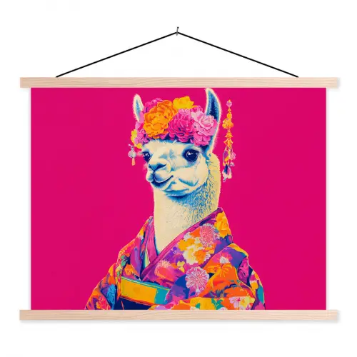 Lama - Kimono - Bloemenkrans - Felroze textielposter latten blank klein -3d