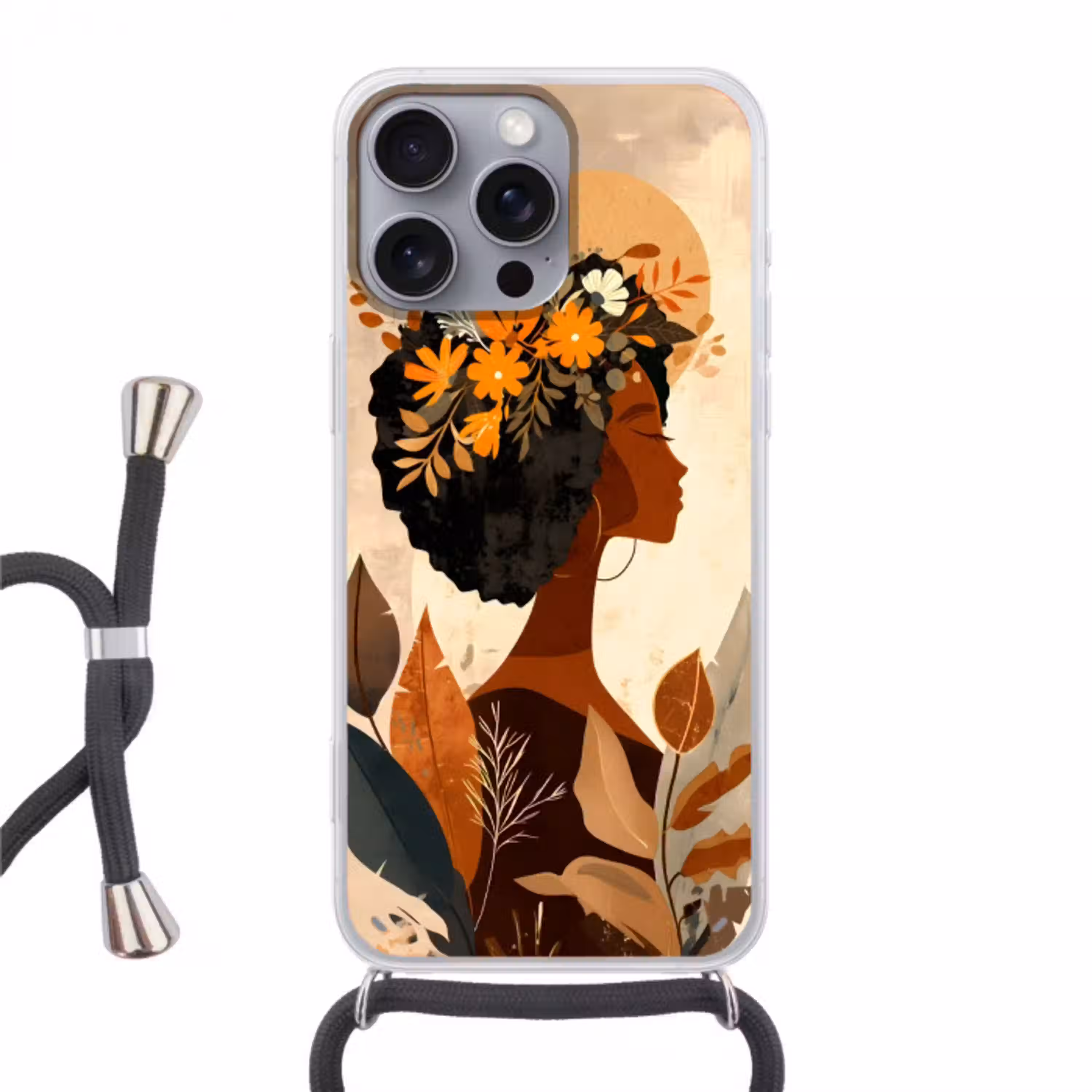 Vrouw - Krullen - Bloemen - Beige Hoesje iPhone 16 Pro Max met koord klein -3d