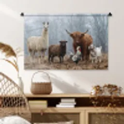 Boerderijdieren - Groep - Mist - Natuur - Rustiek Wandkleed katoen middel -sfeer5