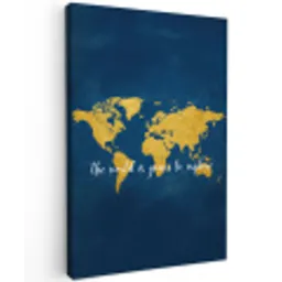Blauw - Wereldkaart - Quote - Explore Tuinposter op houten frame 2 cm dik middel -3d