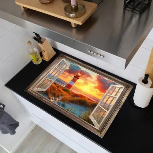 Doorkijk - Raam - Vuurtoren - Zonsondergang - Strand Inductie beschemer met haakjes klein -sfeer1