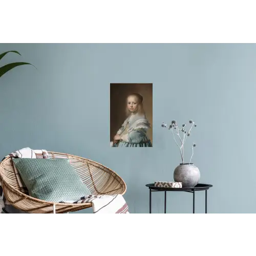 Portret van een meisje in het blauw - Schilderij van Johannes Cornelisz. Verspronck Muursticker klein -plant