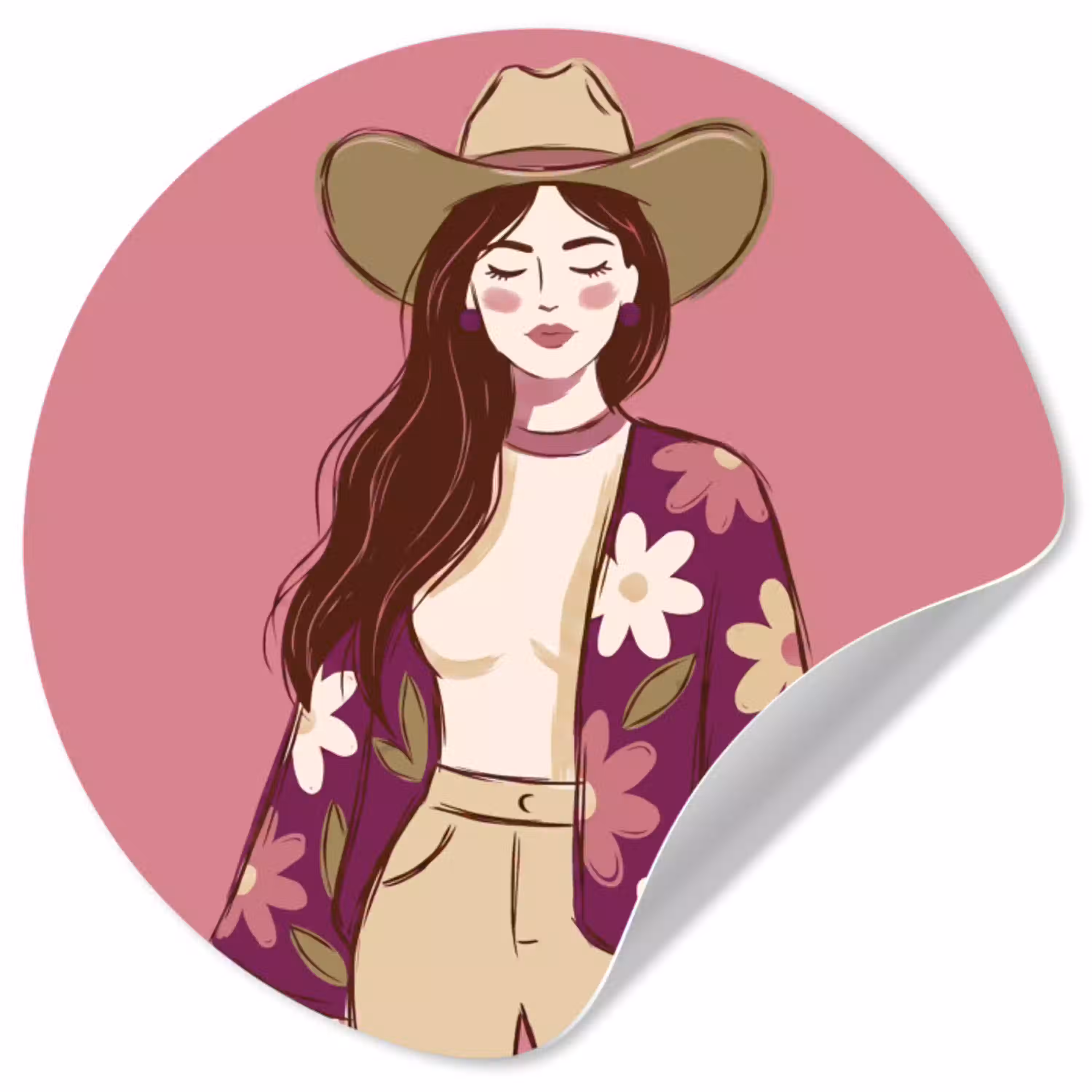 Vrouw - Hoed - Portret - Illustratie - Roze Wandcirkel behangsticker klein -3d