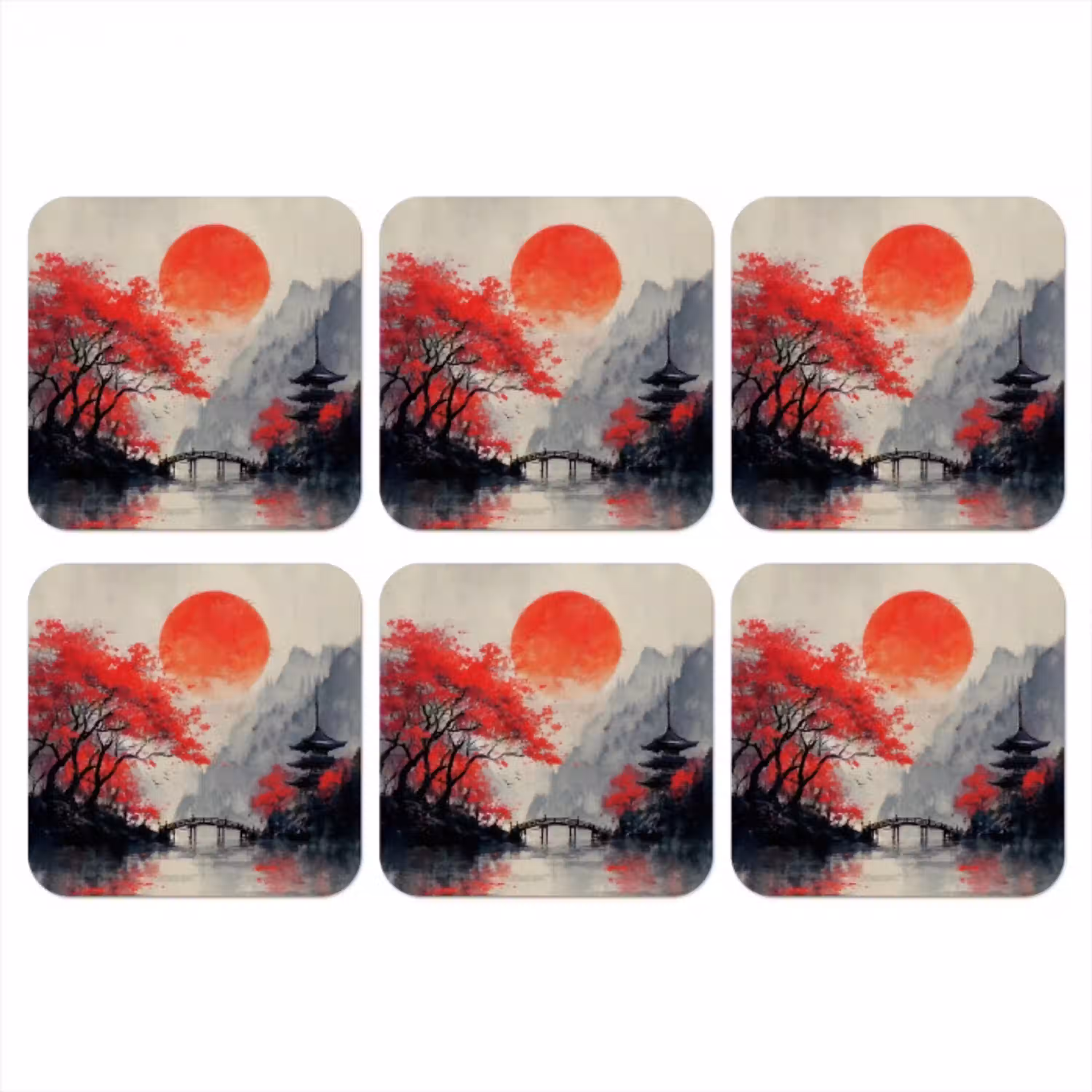 Rode zon - Rivier - brug - Bomen onderzetter kurk middel -3d