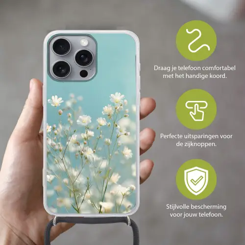 Stengels - Bloemen - Lucht - Wit Hoesje iPhone 16 Pro Max met koord klein -sfeer2_NL