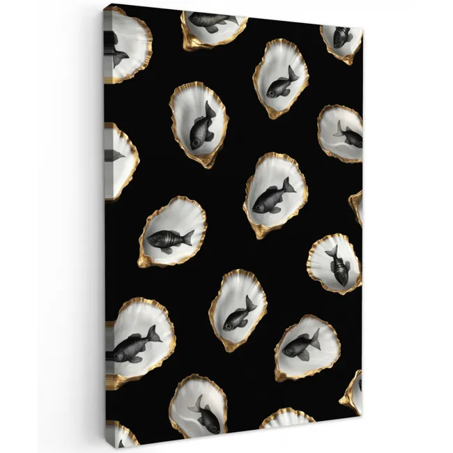 Oesters - Zwart - Vissen - Goud Tuinposter op houten frame 2 cm dik klein -3d