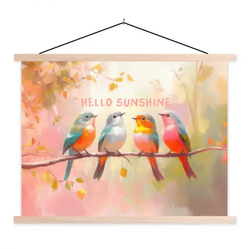 Vogels - Tak - Quote - Roze textielposter latten blank klein -3d