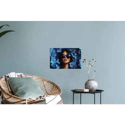 Vrouw - Blauw - Bloemen - Vlinders - Natuur Muursticker klein -plant