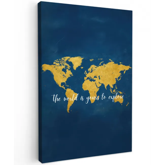 Blauw - Wereldkaart - Quote - Explore Tuinposter op houten frame 2 cm dik middel -3d