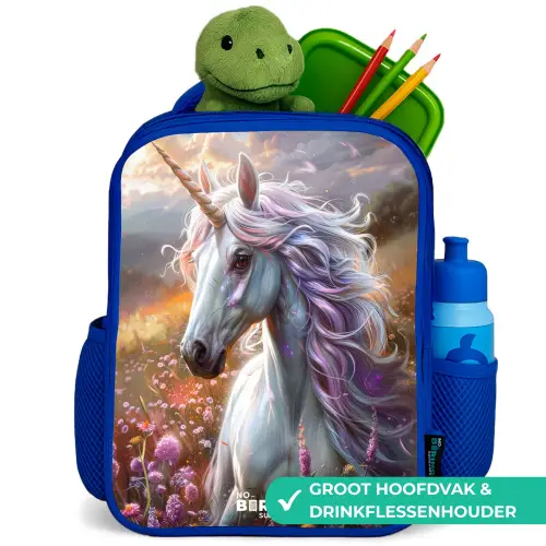 Pastel parelhoorn Kinderrugzak - Blauw middel -inhoud_NL