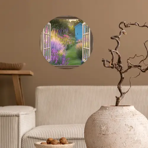 Doorkijk - Bloemen - Raam - Natuur Wandcirkel behangsticker klein -sfeer1